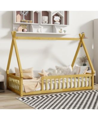 Tent-shaped Floor Bed,Teepee Bed with Guardrails, Slats