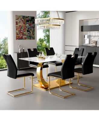 Marble dining table and chair set with gold decoration - modern