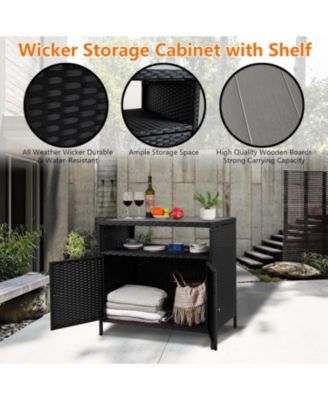 Patio Outdoor Wicker Storage Cabinet with Shelf,Powder Coated Steel,Patio Bar Table with 2-Door and Shelf,All Weather Resin Wicker