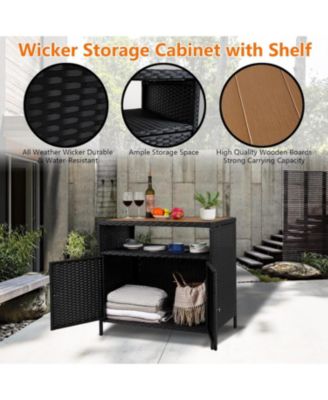 Patio Outdoor Wicker Storage Cabinet with Shelf,Powder Coated Steel,Patio Bar Table with 2-Door and Shelf,All Weather Resin Wicker