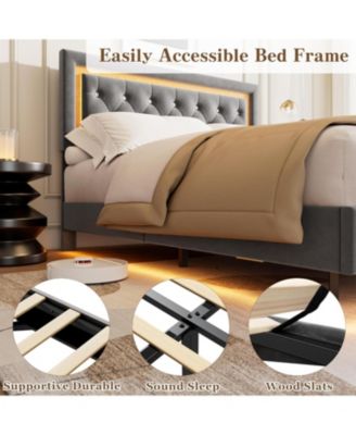 Queen Floating Bed Frame with LED Lights, Upholstered Diamond Headboard, Easy Assembly