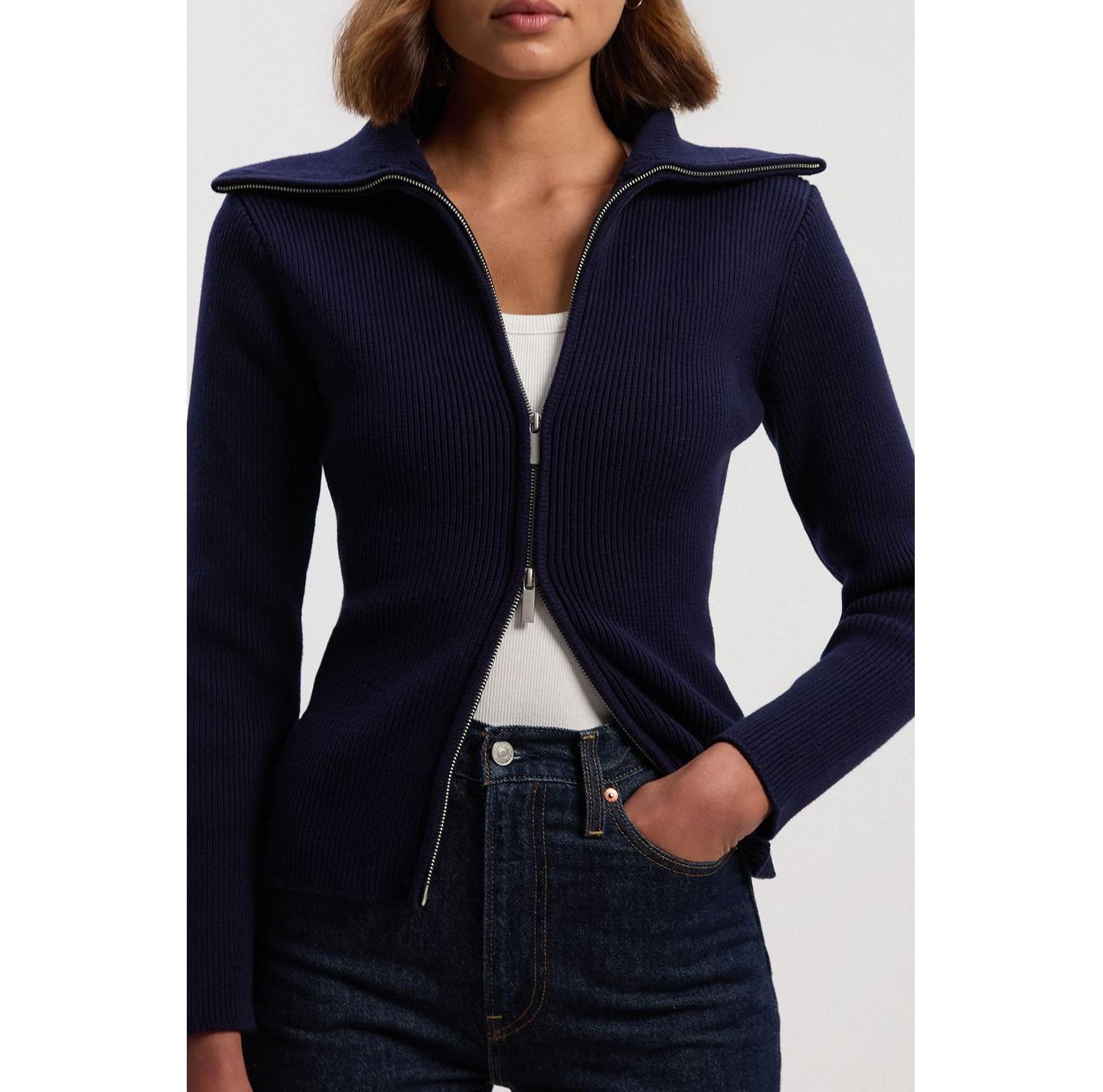 Women's Cotton Zip Through Collar Knit Cardigan