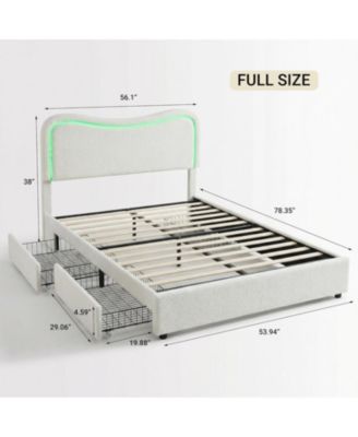 Boucle Bed Frame with 2 Drawers, LED Headboard, Upholstered Platform