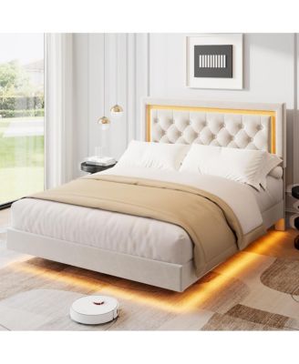 Queen Floating Bed Frame with LED Lights, Upholstered Diamond Headboard, Wood Slats Support