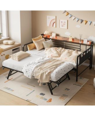 Daybed with Trundle, Storage Headboard with Charging Station & Storage Bags, Sofa Bed for Bedroom,Guest Room