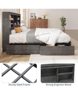 King Bed Frame with Storage Bookcase Headboard & 4 Drawers, Wood Platform Bed with Charging Station,No Box Spring, Ink