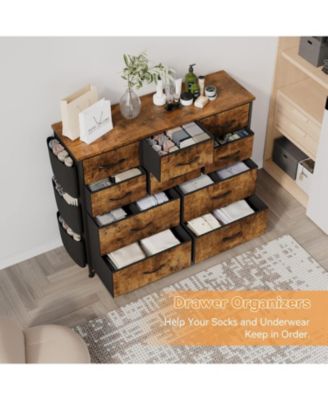 10 Drawers Fabric Storage Drawer, Dressers & Chest of Drawers with Side Pockets, Hooks, Wood Tabletop for Closet, Living Room