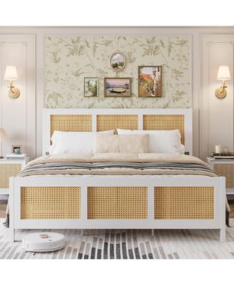 King Rattan Bed Frame Headboard Boho Platform Metal Slats Noise Free No Box Spring