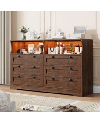6 Drawer 55 Inch Bedroom Dresser with LED Lights Plus Power Outlet Modern Wood TV Dresser Storage Organizer