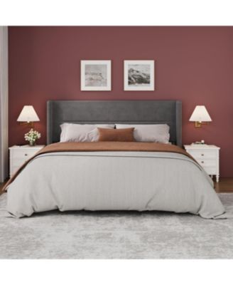 King Velvet Bed Frame with Wingback Headboard, Upholstered Platform Bed with Wood Slats