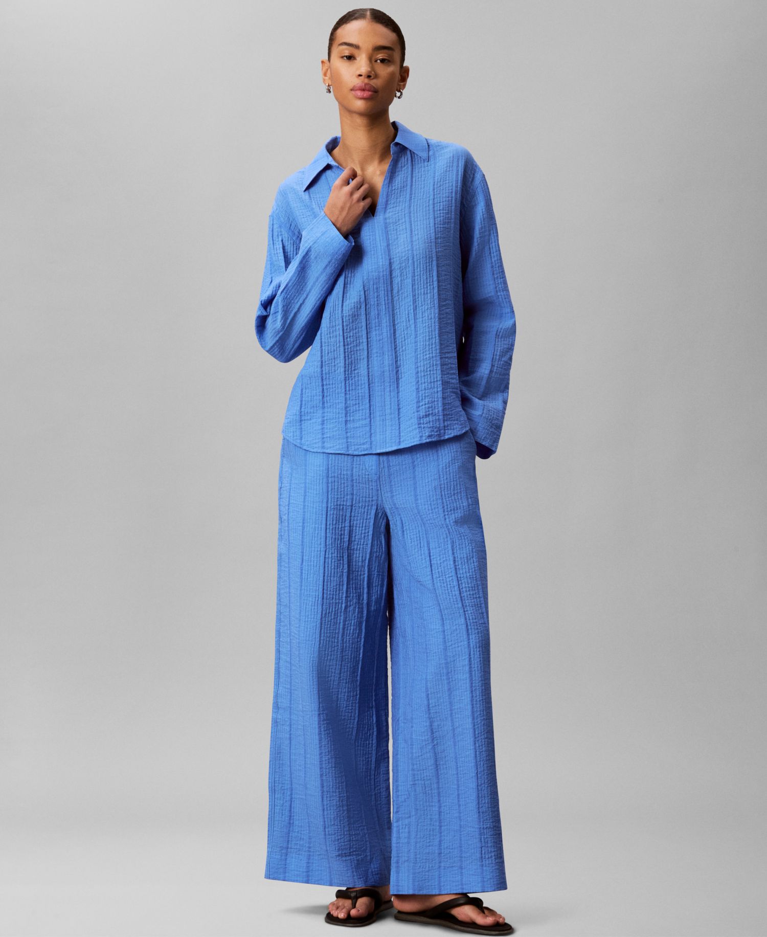 Women's Long-Sleeve Classic-Fit Open Collared Shirt and Wide-Leg Mid-Rise Pants