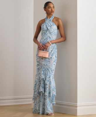 Paisley Crinkle Georgette Halter Gown