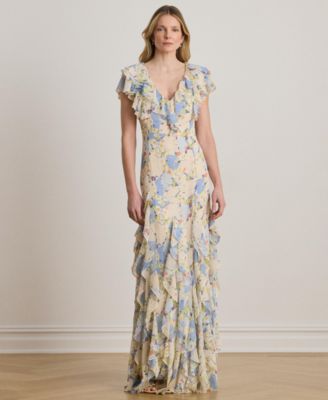 Floral Ruffle-Trim Georgette Gown