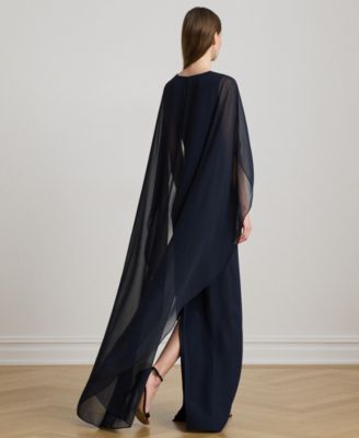 Women's Round-Neck Cape-Overlay Georgette Ball Gown