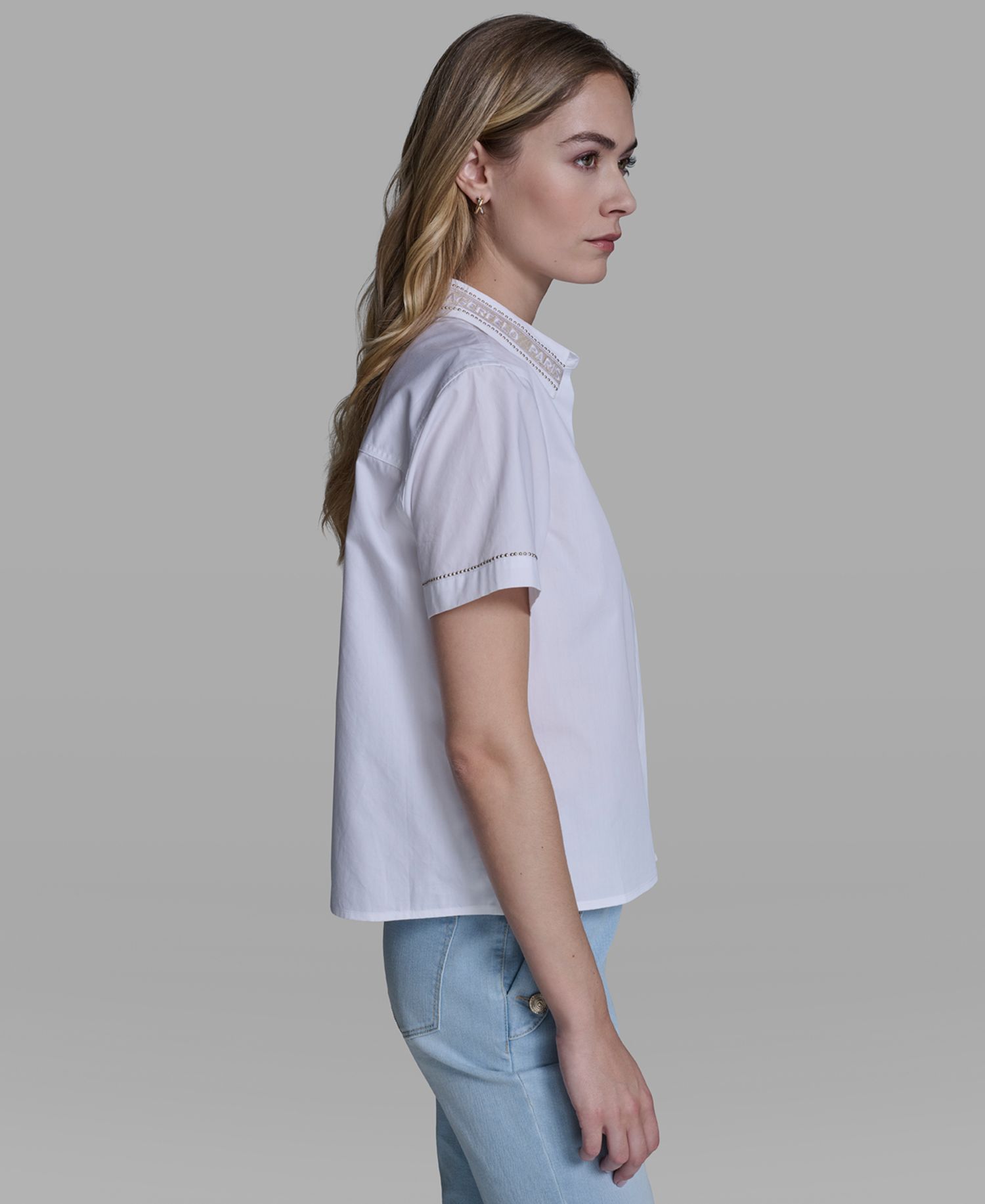 Women's Short-Sleeve Embroidered-Collar Top