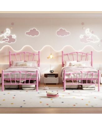 Twin XL Kids Bed Frame with Headboard & Footboard, Heart-Shaped Metal Platform Bed, Heavy-Duty Steel Slats, Quiet Support