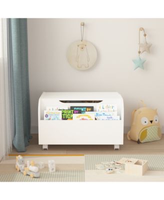 Kids Toy Storage Box - Wooden Toy & Book Organizer with 4 Wheels, Front Bookshelf, Flip-Top Lid and Safety Hinge for Playroom
