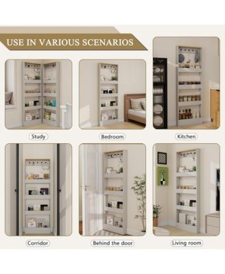 Behind Door Bookshelf - Wooden Slim Tall Bookcase with 4-Tier Shelves and 5 Hooks, Narrow Storage Cabinet for Living Room, Study Room