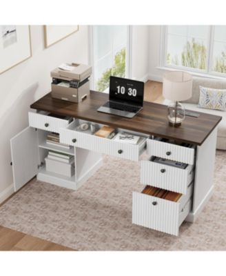 Fluted Home Office Desk Storage, in Modern Executive Desk with Charging Station, Wooden Computer Writing Desk with File Cabinet And Drawers
