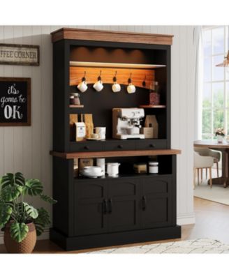 Coffee Bar Cabinet with LED Light, 72 in Tall Farmhouse Coffee Bar Hutch with Storage, Sideboard Buffet Cabinet with Microwave Stand