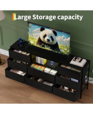 TV Stand Dresser for 45-65 Inch TV, Entertainment Center with LED Lights, 8 Fabric Drawers, Metal Frame Storage Cabinet