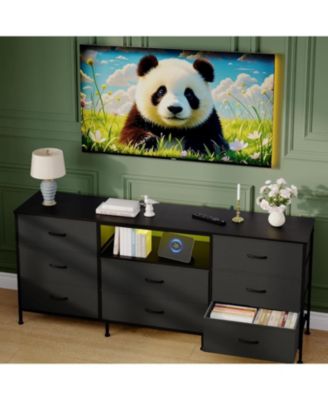 TV Stand Dresser for 45-65 Inch TV, Entertainment Center with LED Lights, 8 Fabric Drawers, Metal Frame Storage Cabinet