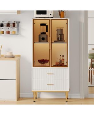 Fluted Pantry Cabinet with Glass Door and 2 Drawers, Kitchen Pantry Storage Cabinet with Adjustable Shelves, Modern Display Sideboard