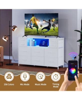 10 Fabric Drawers Dresser, Entertainment Center TV Stand with Power Outlet & LED Light for 45"-55" TV, Chest of Drawers with Wood