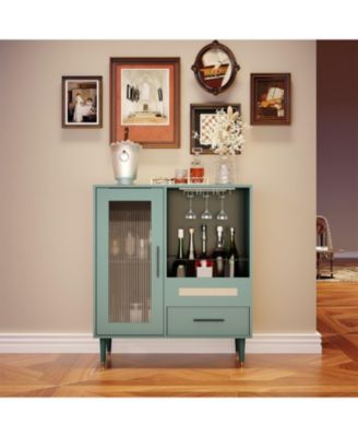 Modern Wine Bar Cabinet with Wine Glass Rack, Glass Door Display and Drawers, Coffee Bar & Liquor Cabinet with Storage, Buffet Sideboard Table