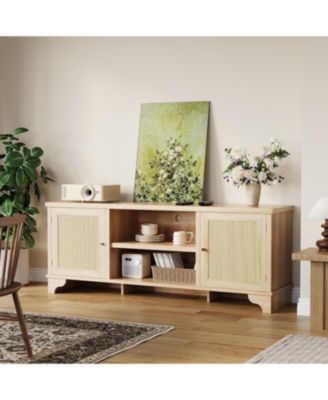 61.8" Rattan TV Stand for TVs up to 70", Boho Entertainment Center Table, Media Console with Storage