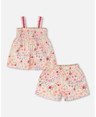 Little Girls Tank Top with Smocking and Shorts Set in Muslin Printed Flowers