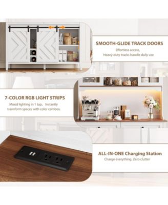 72" Sliding Barn Door High Bar Cabinet Farmhouse, Large Kitchen Buffet with Hutch Wine Storage
