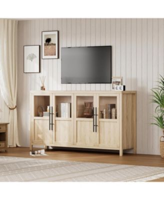 55 Inch Sideboard Buffet Cabinet with Four Glass Doors Large Modern Farmhouse Storage for Kitchen Dining and Living Room Natural