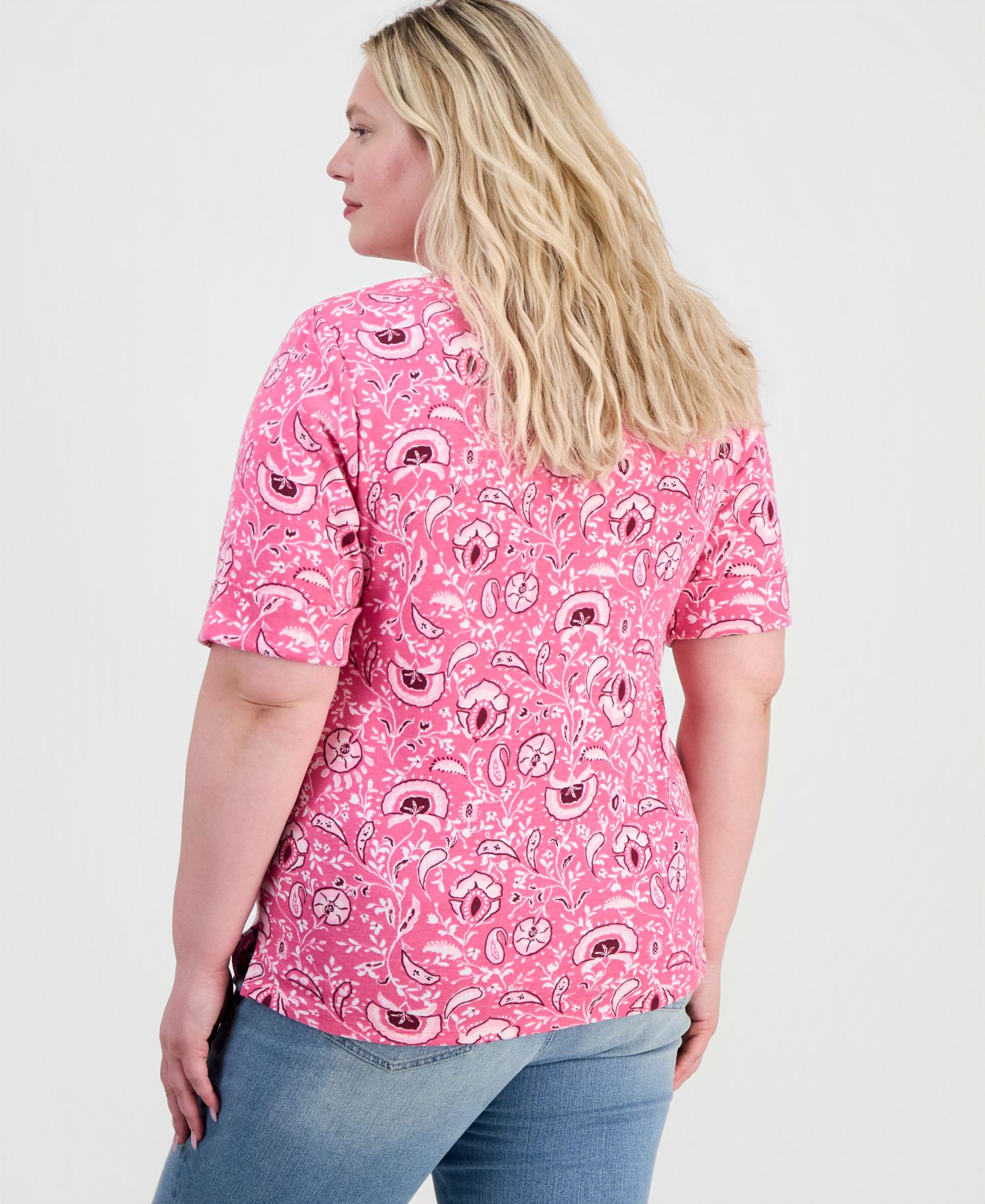 Plus Size Printed Boat-Neck Elbow-Sleeve Top