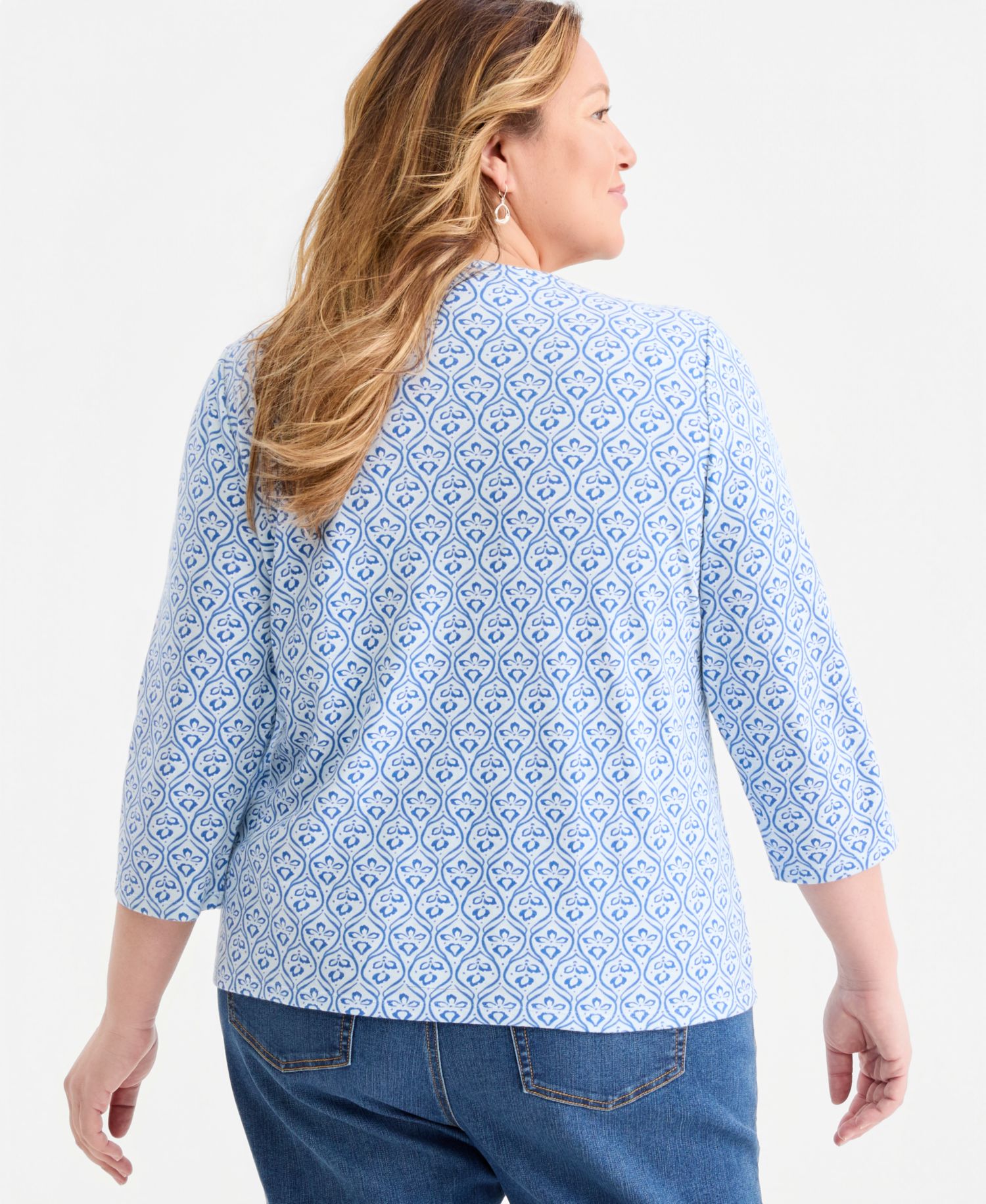 Petite Printed 3/4-Sleeve Henley Top