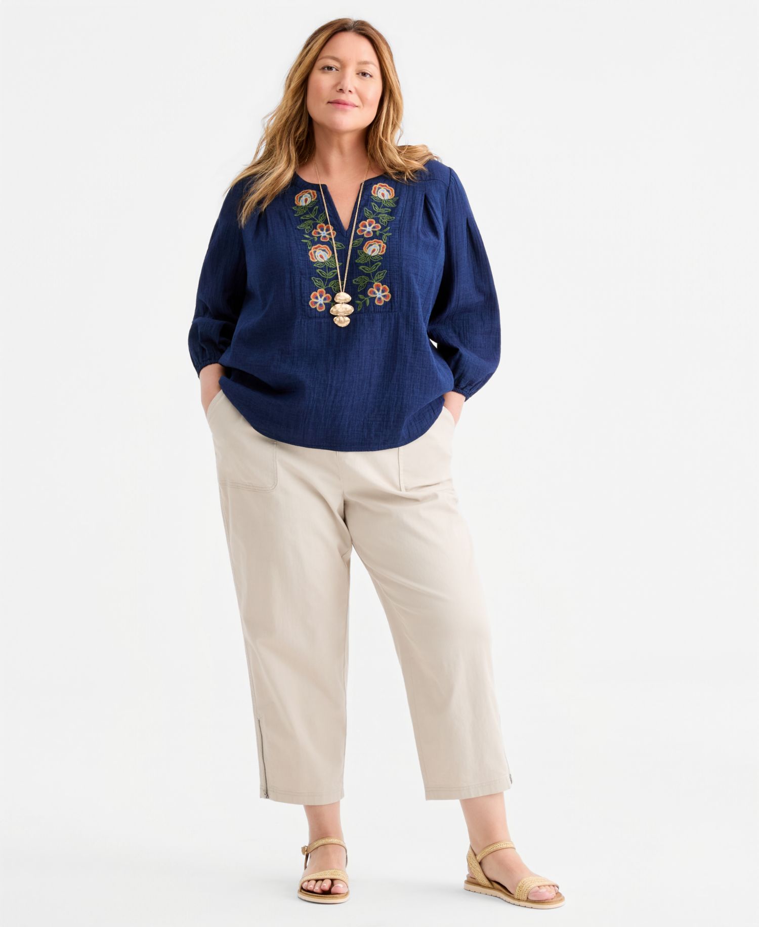 Plus Size Embroidered-Trim V-Neck Gauze Top