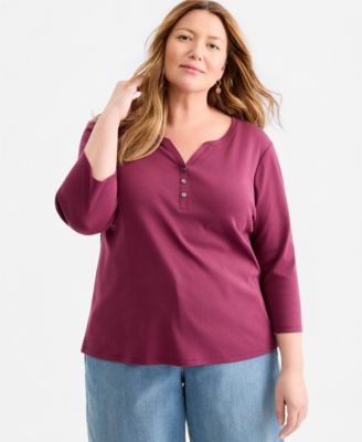 Plus Size Cotton 3/4-Sleeve Henley Tee