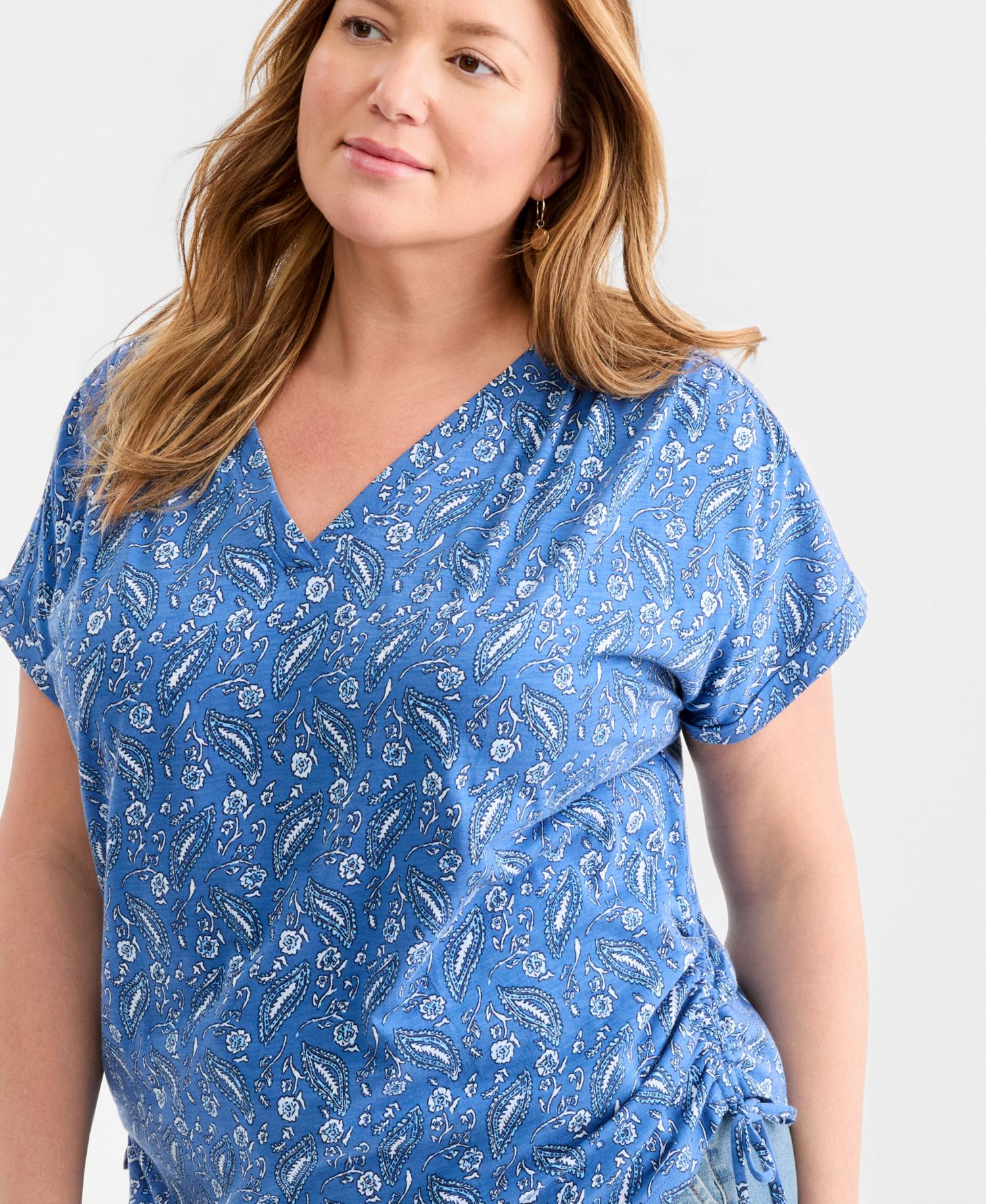 Plus Size Printed Ruched Tie-Hem V-Neck Top