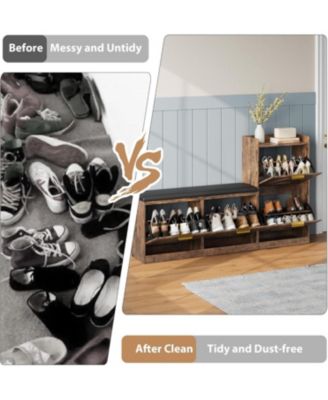 Farmhouse Freestanding Shoe Cabinet with Cushioned Bench and 4 Flip Drawers