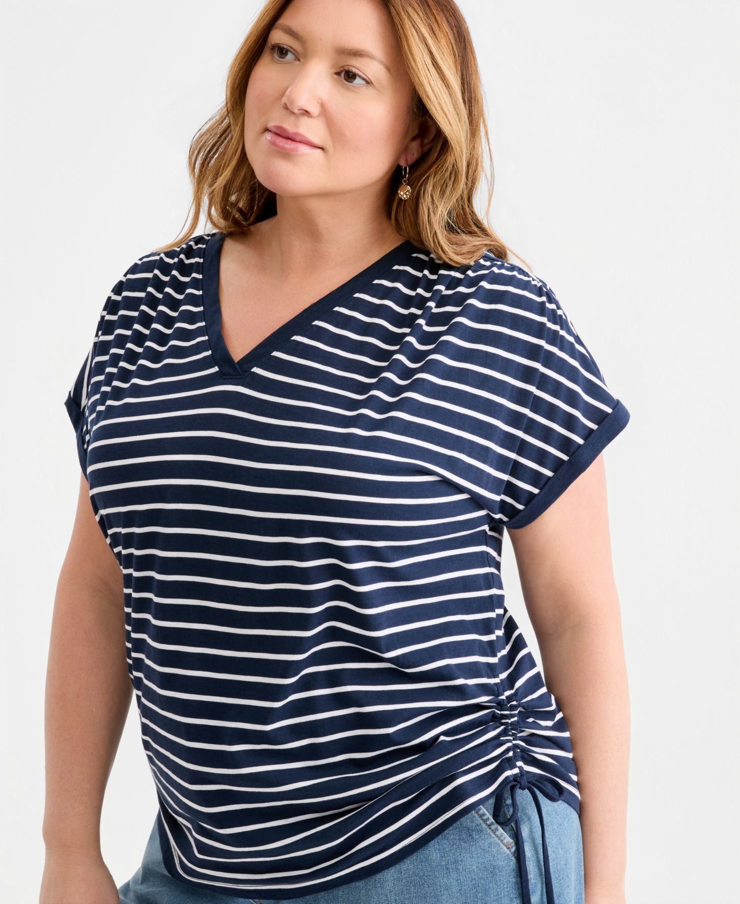 Plus Size Printed Ruched Tie-Hem V-Neck Top