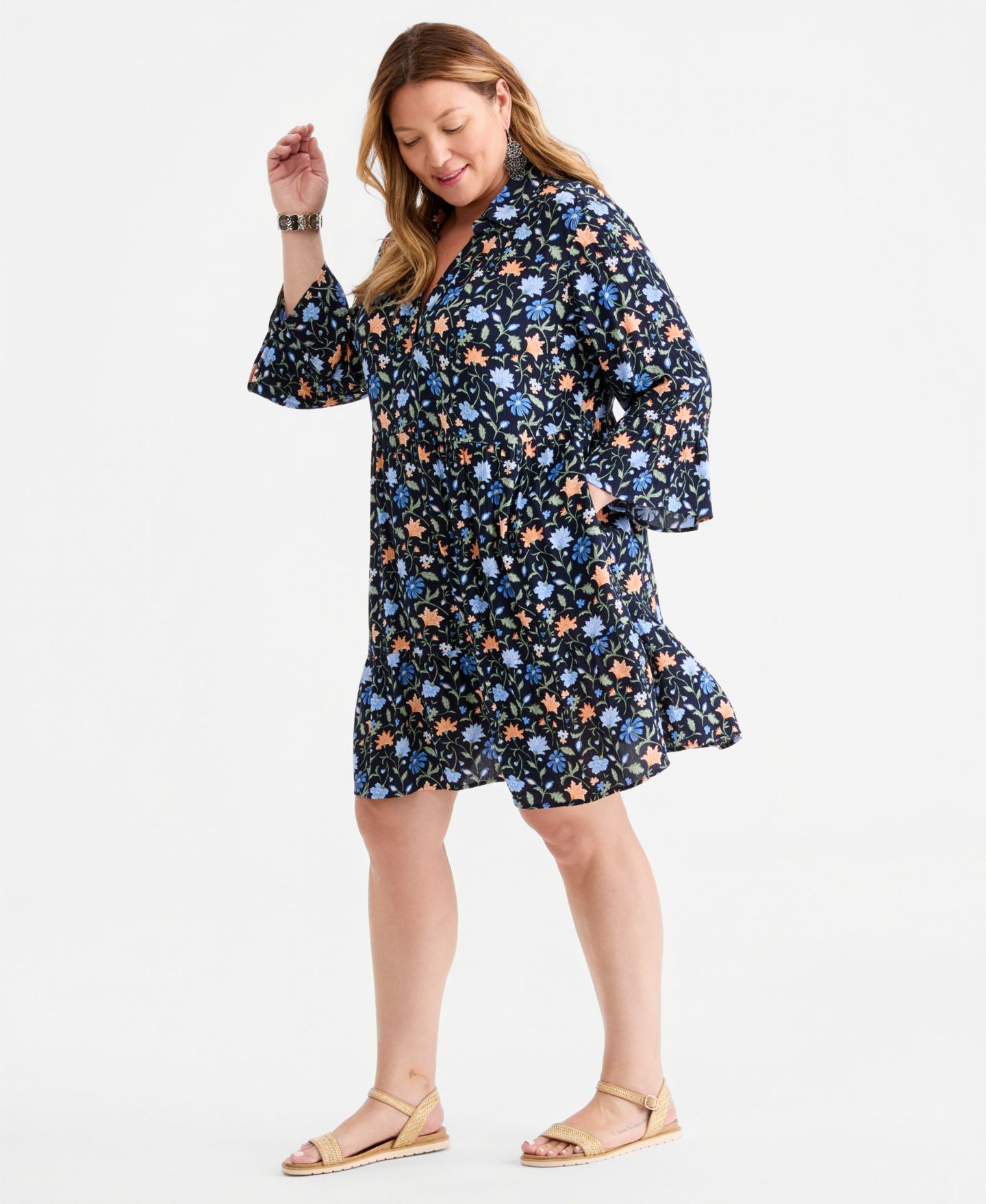 Женское платье Style & Co Plus Size Printed V-Neck 3/4-Sleeve Tiered, цвет: Синий — фото 3