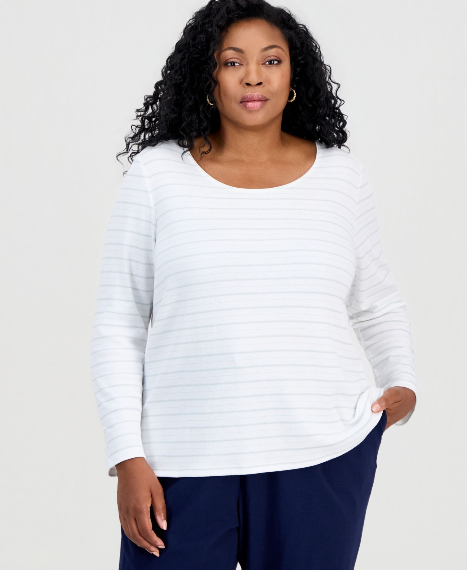 Plus Size Printed Long-Sleeve Scoop-Neck Top