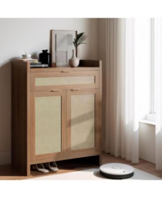 Farmhouse Rattan Shoe Cabinet with Storage,32.4   Boho Style Shoe Organizer Storage Cabinet with Shelves & Doors, 5 Tiers Wooden