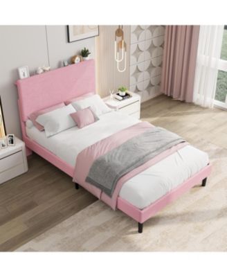 Twin Bed Frame with Charging Station, Corduroy Upholstered Platform Bed with Headboard Shelf, Wooden Slats, Noise Free, Easy Assembly