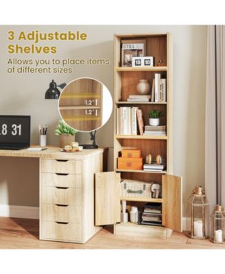 71 Inch 6-Tier Tall Bookshelf with Double Doors 4 Open Cubes-Oak