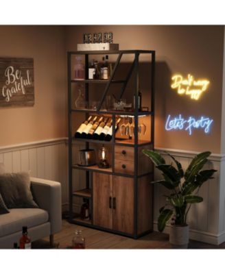 Bar Cabinet with Power Outlets, 71.2" Tall Wine Liquor Cabinets with LED Lights