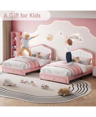 Bed Frame with LED Lights Storage Drawer Velvet Platform for Kids Wood Slats