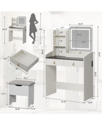 Vanity Desk with LED Mirror & Charging, Small Makeup Vanity Set, 2 Drawers, Stool, Storage for Girls