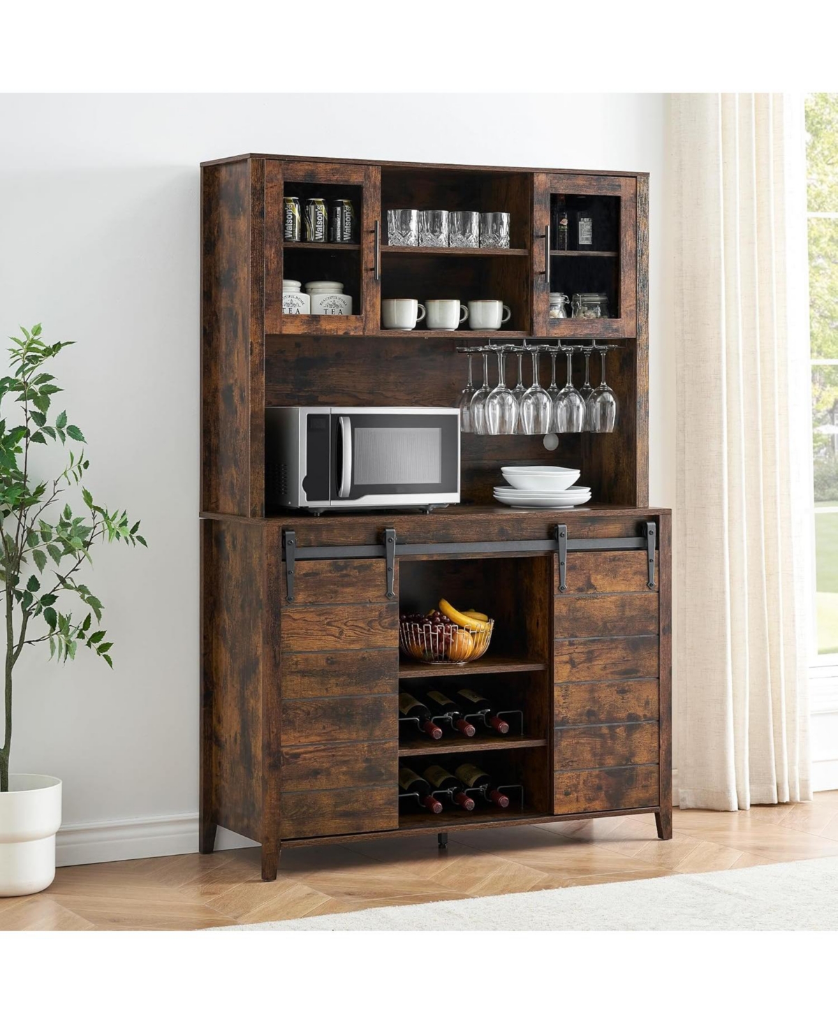 gaomon 70'' Tall Farmhouse Coffee Bar Cabinet, Kitchen Hutch Storage with Sliding Barn Door