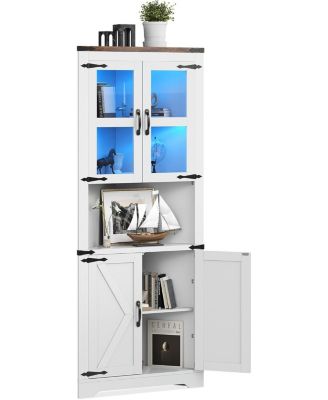 67inch Tall Corner Storage Cabinet with Lights Farmhouse Corner Hutch Display Cabinet with Glass Doors